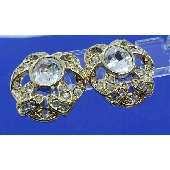 Vintage Trifari Earrings Gold & Clear Rhinestone Pierced Ribbon Design - Picture 3 of 9